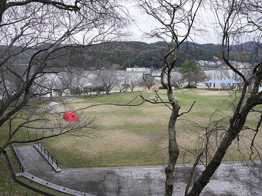 湖山池公園で年末にできなかった父娘雪中キャンプしてきた-多目的広場に設置したテント